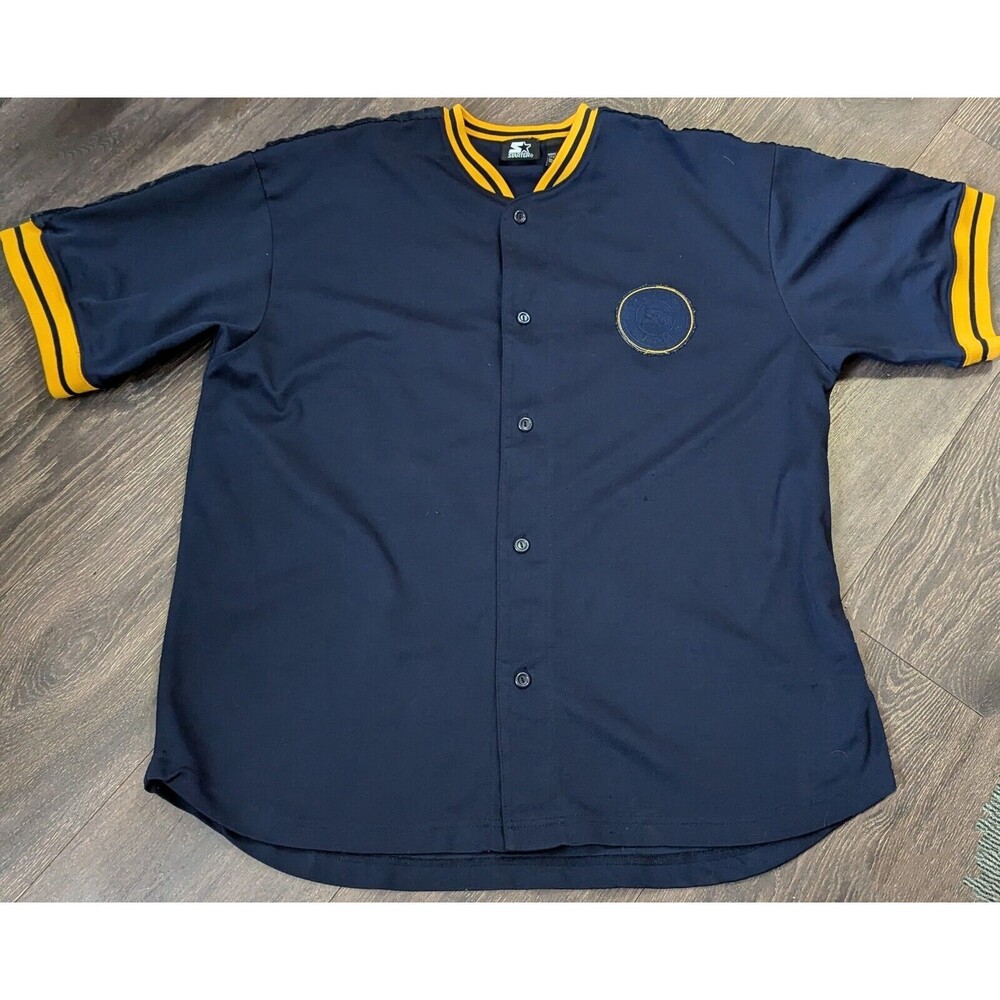 Starter Shirt Men's L Navy Yellow Jersey Style Button Up Embroidered Patch (508) - Picture 2 of 5